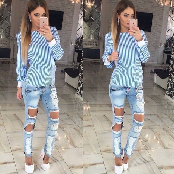 Tops - “Maria” New open back bow tie striped shirt! 